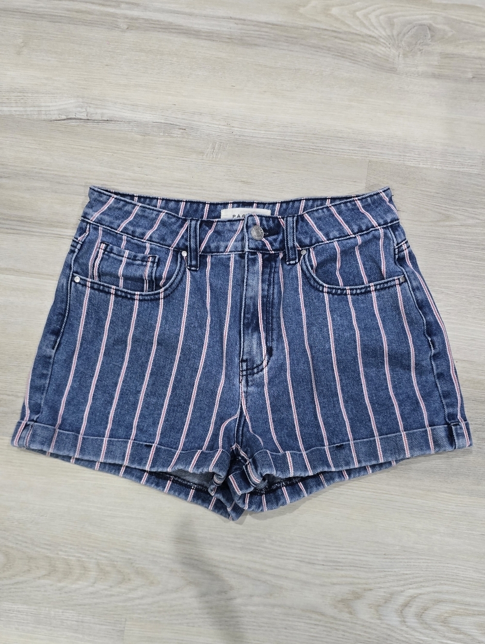 PACSUN Striped Denim Mom Shorts Cuffed Jeans Dark Wash Blue Red Size 27